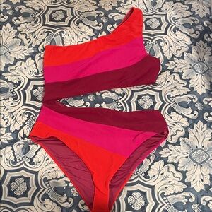 Beach Riot One-Shoulder Colorblock Swimsuit in Red, Pink, Burgundy